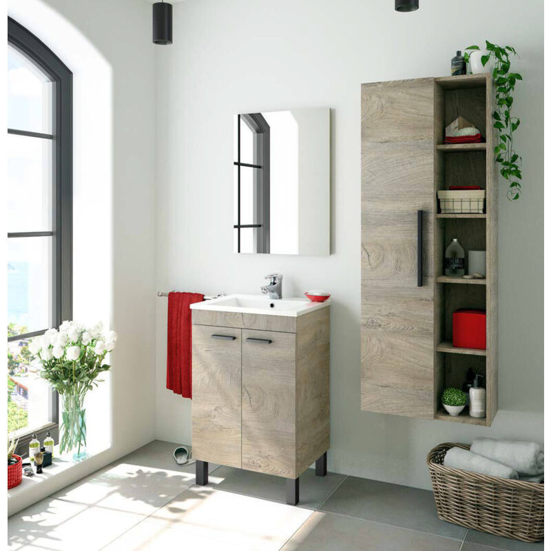 

Mueble bajo lavabo Dmora con dos puertas y espejo, color roble, 50 x 80 x 40 cm