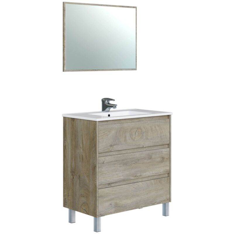 

Mueble de baño Dmora con tres cajones y un espejo, color roble Alaska, 80 x 86 x 45 cm