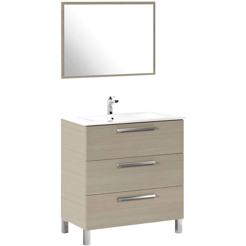 

Mueble bajo lavabo Dmora de tres cajones con espejo enmarcado, color roble, 80 x 86 x 45 cm.