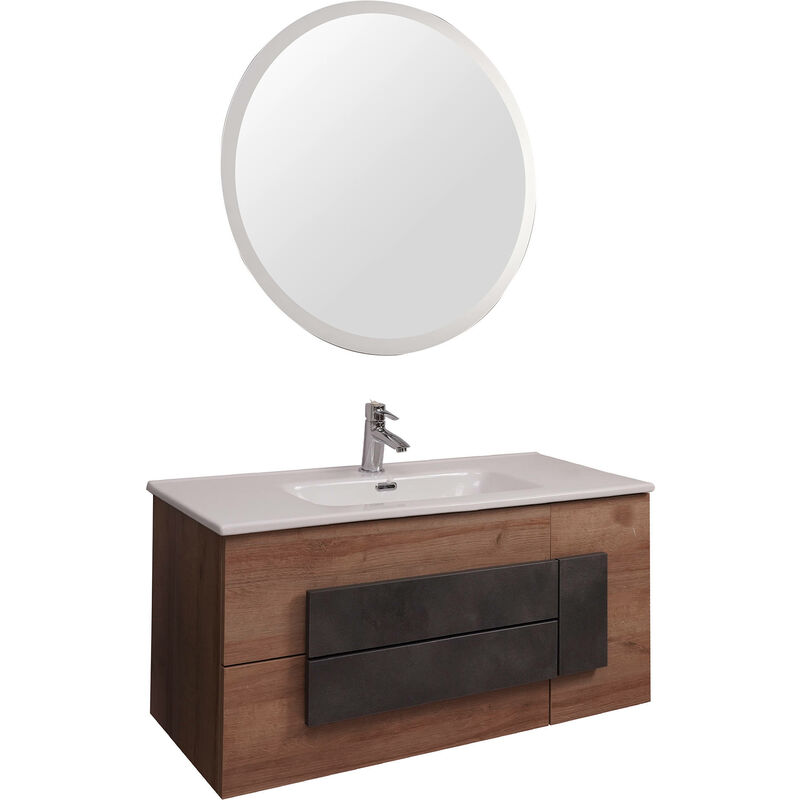 

Mueble de baño suspendido Dmora con lavabo de cerámica, Mueble de baño moderno con espejo redondo y cajones, Made in Italy, 100x47xh49 cm, Color roble