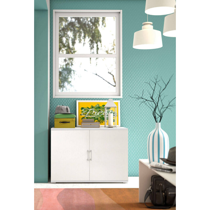 

Mueble de entrada con 2 puertas batientes, 100% Made in Italy, Mueble bajo multifuncional con 1 estante, Zapatero moderno, 90x45h66 cm, Color blanco