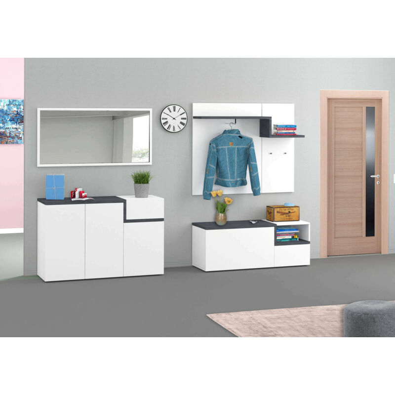 

Mueble de entrada Made in Italy, Entratina con percha, Zapatero, 120x40h54 cm, blanco brillante y gris pizarra - Dmora