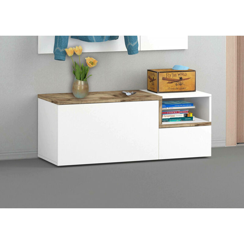 

Dmora Mueble de entrada Dmora, Made in Italy, Módulo modular, Banco con 2 puertas, 120x40h54 cm, blanco brillante y pera