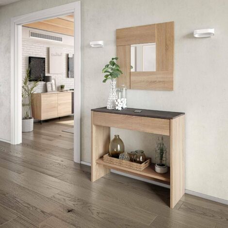 Dmora Mueble de entrada Gilbert, Pasillo con espejo, Mueble con cajonera y balda para entrada, Armario de entrada moderno, cm 92x33h149, Roble y Nogal