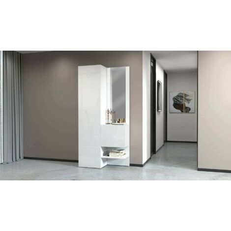 Dmora - Mueble de entrada Vinicio, Mueble multifuncional con 2 puertas, Mueble multiusos con espejo, 90x35h190 cm, Blanco