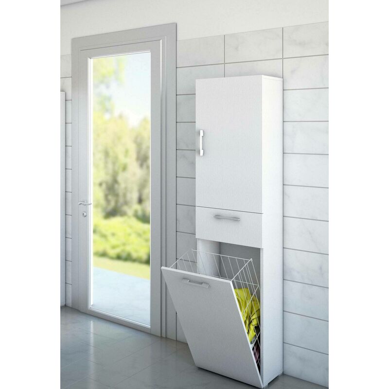 

Dmora Mueble de lavandería con 1 puerta, 100% Made in Italy, Mueble con 1 cesto de ropa y 1 cajón, Columna de baño moderna, 45x32h195 cm, Color blanco