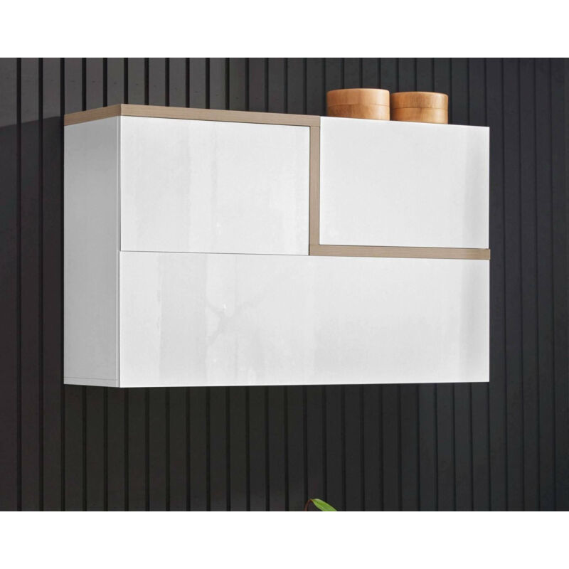 

Mueble de pared Made in Italy, con 3 puertas, mueble de salón suspendido, 100x30h63 cm, blanco brillante y color arce - Dmora