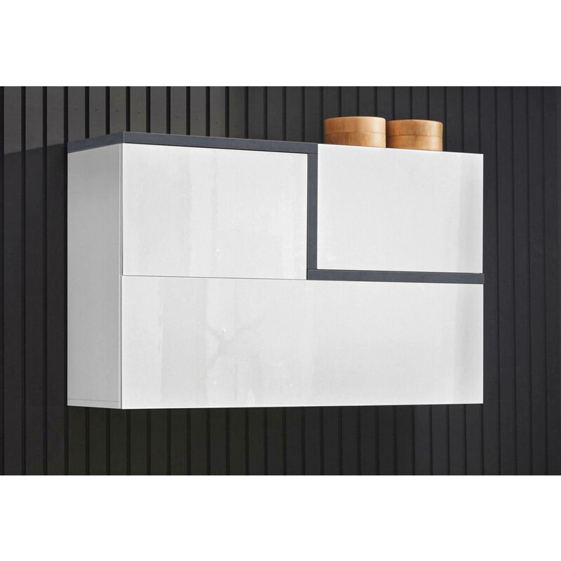 

Mueble de pared Made in Italy, con 3 puertas, mueble de salón suspendido, 100x30h63 cm, color blanco brillante y gris pizarra - Dmora