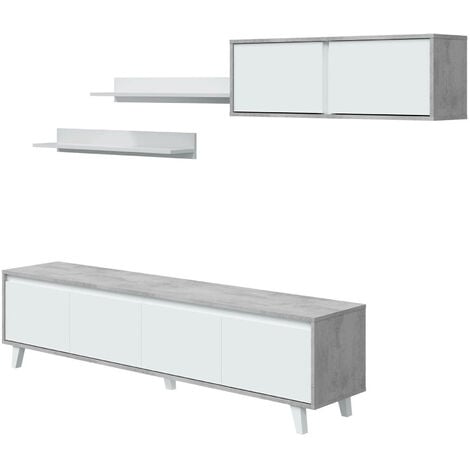 Dmora - Mueble de pared Dmuldu, Conjunto de salón, Mueble de salón multiusos, Mueble de pared moderno, 200x41h50 cm, Cemento y blanco brillante