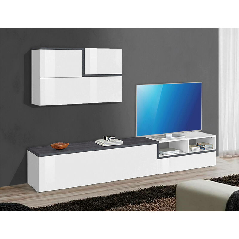 

Mueble de pared para sala de estar Made in Italy, mueble para TV y mueble suspendido, juego de salón moderno, 240x40h180 cm, blanco brillante y gris