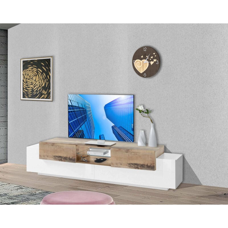

Mueble de salón para TV Made in Italy, mueble para TV con 4 puertas y estantes, 220x45h51 cm, color blanco brillante y arce - Dmora