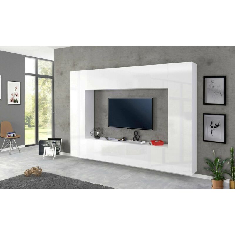 

Dmora Mueble de salón Dmora, Made in Italy, base de soporte para TV, muebles altos y estantes, juego de salón moderno, 260x30h180 cm, color blanco