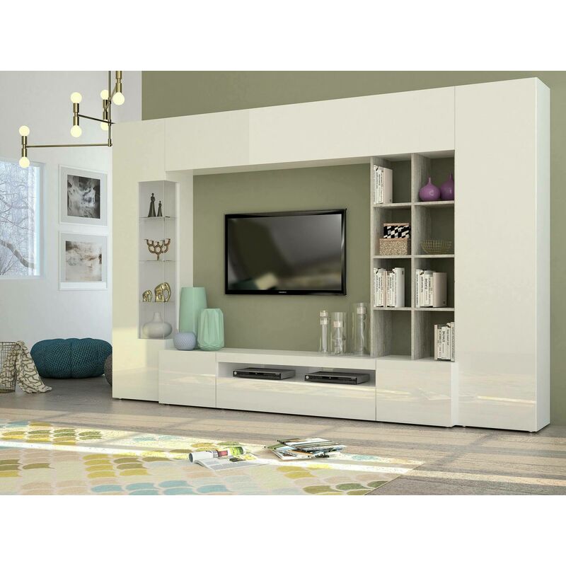 

Mueble de salón Made in Italy, Base de soporte para TV y muebles altos y estantes, Conjunto de salón moderno, 290x40h192 cm, Color blanco brillante y