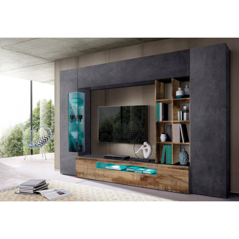 

Mueble de salón Made in Italy, con luz LED azul, base de soporte para TV y muebles altos y estantes, Conjunto de salón moderno, 290x40h192 cm, color