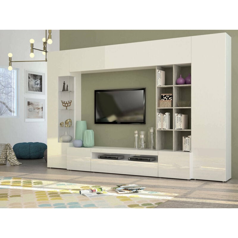 

Mueble de salón Made in Italy, con luz LED azul, base de soporte para TV y muebles altos y estantes, Conjunto de salón moderno, 290x40h192 cm, Blanco