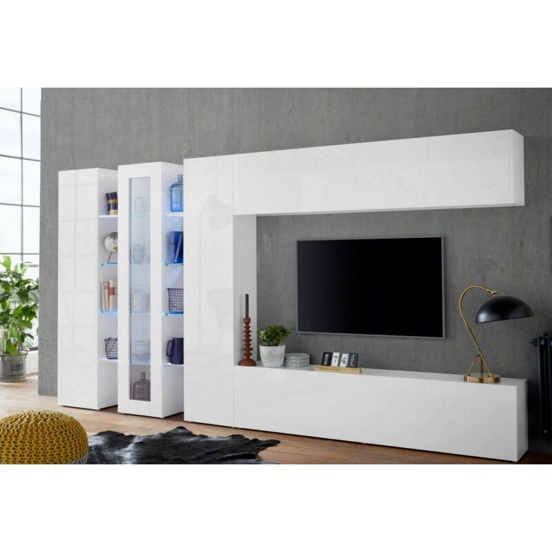 

Dmora Mueble de salón Dmora, Made in Italy, con luz LED azul, base de soporte para TV y muebles altos y estantes, Conjunto de salón moderno, cm