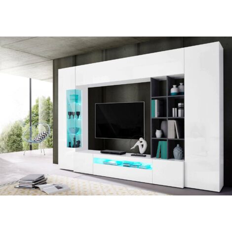 Dmora Mueble de salón, Made in Italy, con luz LED azul, base de soporte para TV y muebles altos y estantes, 290x40h192 cm, color Blanco Brillo y Gris Ceniza, con embalaje reforzado