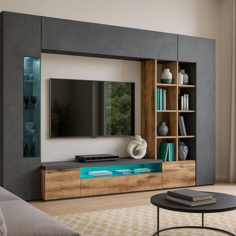 Dmora Mueble de salón, Made in Italy, con luz LED azul, base de soporte para TV y muebles altos y estantes, Conjunto de salón moderno, 290x40h192 cm, color pizarra y arce, con embalaje reforzado
