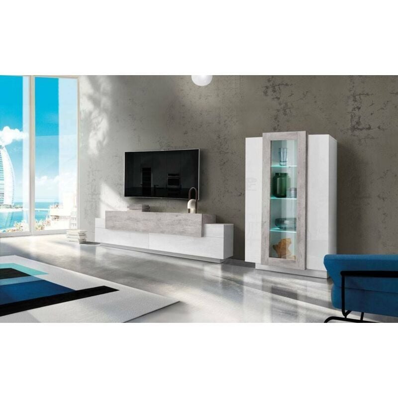 

Dmora - Mueble de salón modular Made in Italy, con luz LED blanca, mueble para TV y vitrina, Conjunto de salón moderno, 290x45h121 cm, Blanco