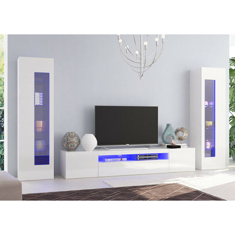 

Mueble de salón modular Made in Italy, mueble de pared y soporte para TV, juego de salón moderno, cm 300x40h162, color blanco brillante - Dmora
