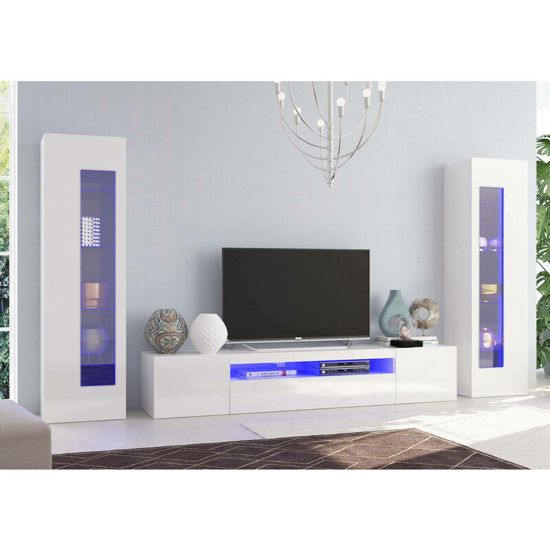 

Mueble de salón modular Made in Italy, mueble de pared y soporte para TV, Conjunto de salón moderno, 300x40h162 cm, Color blanco brillante, con luz