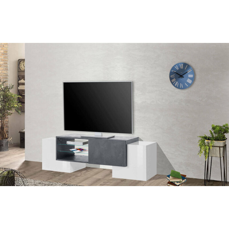 

Mueble de salón para TV Made in Italy, mueble para TV con 1 puerta y 4 cajones, cm 150x45h45, blanco brillante y gris ceniza - Dmora