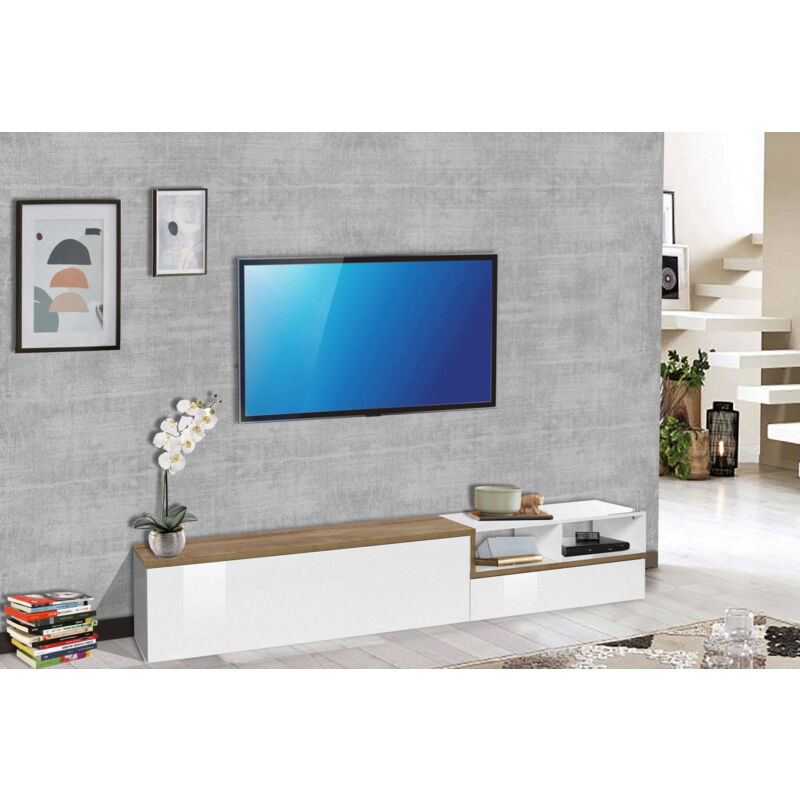 

Mueble de salón para TV Made in Italy, mueble para TV con 2 puertas y estantes, 240x40h50 cm, color blanco brillante y arce - Dmora