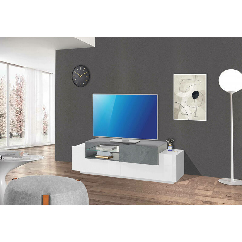 

Mueble de salón para TV Made in Italy, mueble para TV con 3 puertas y estantes, 160x45h51 cm, color blanco brillante y gris pizarra - Dmora