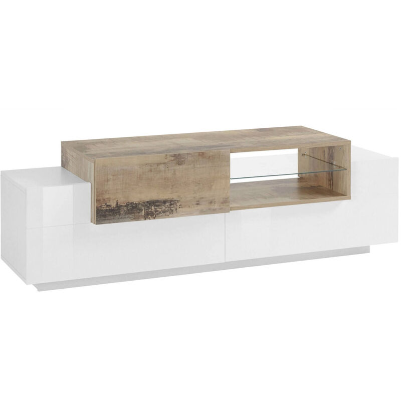 

Mueble de salón para TV Made in Italy, mueble para TV con 3 puertas y estantes, 160x45h51 cm, color blanco brillante y arce - Dmora
