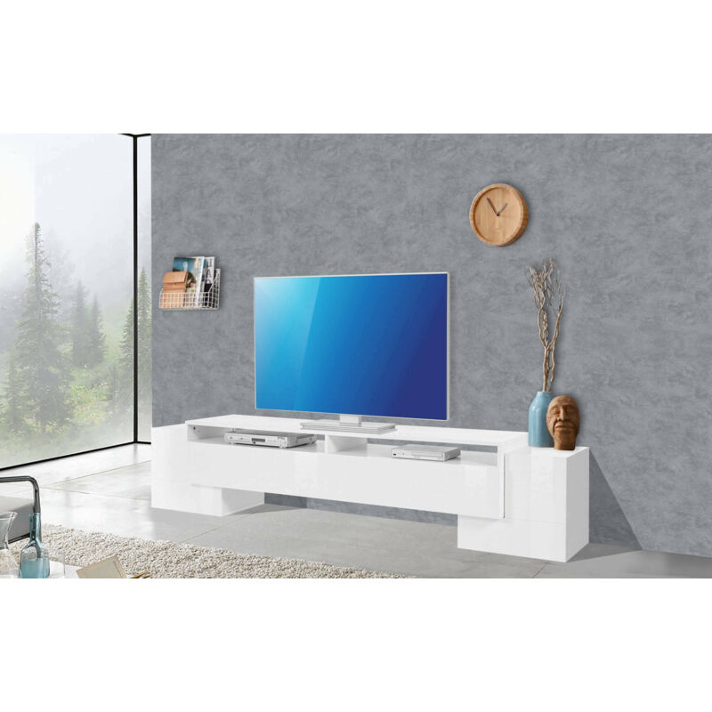 

Mueble de salón para TV Made in Italy, mueble para TV con 3 puertas y estantes, 210x45h45 cm, con luz LED, color blanco brillante - Dmora