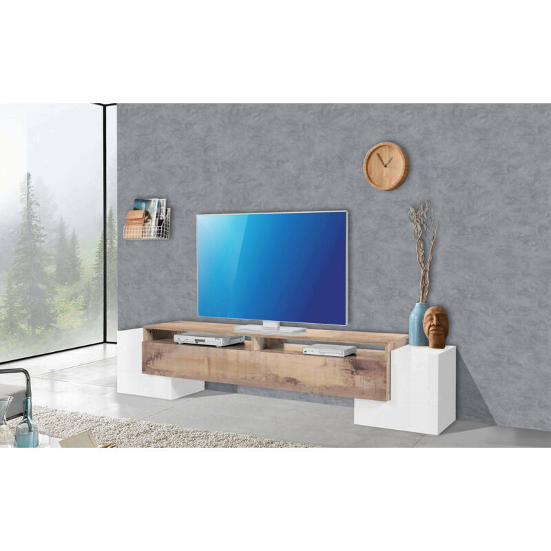 

Mueble de salón para TV Made in Italy, mueble para TV con 3 puertas y estantes, 210x45h45 cm, con luz LED, color blanco brillante y arce - Dmora