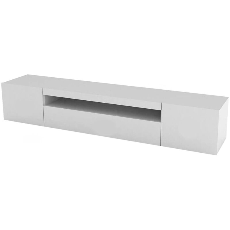 

Mueble de salón para TV Made in Italy, mueble para TV con 3 puertas y estantes, cm 200x40h37, color blanco brillante, con luz LED azul - Dmora