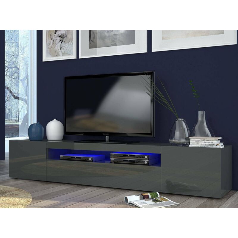 

Mueble de salón para TV Made in Italy, mueble para TV con 3 puertas y estantes, cm 200x40h37, color antracita brillante, con luz LED azul - Dmora