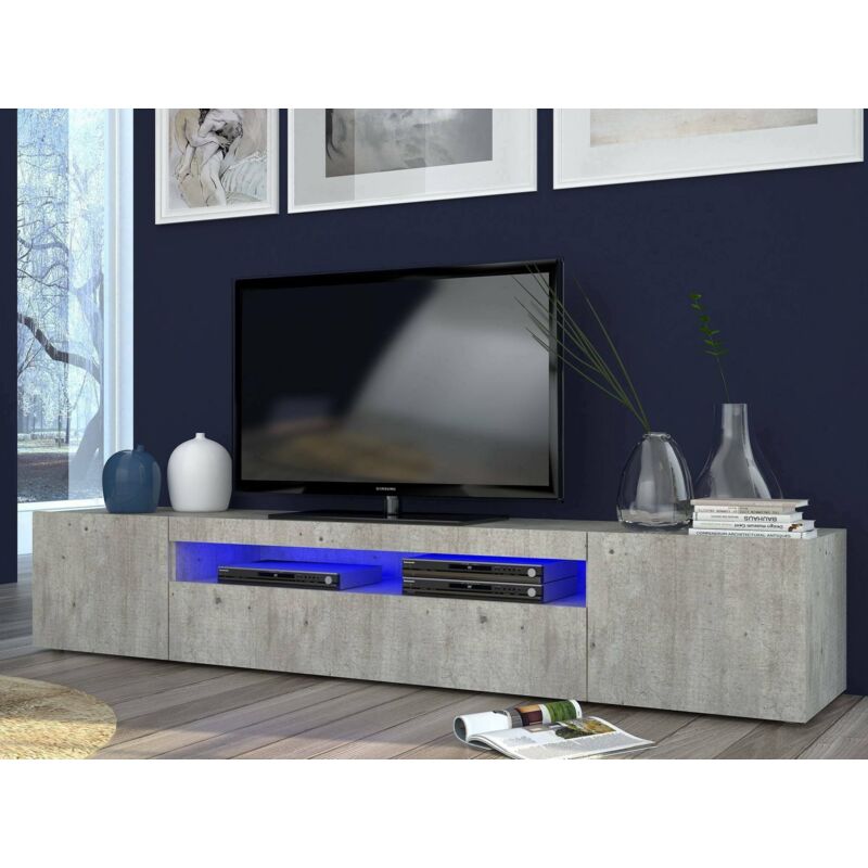 

Mueble de salón para TV Made in Italy, mueble para TV con 3 puertas y estantes, cm 200x40h37, color cemento, con luz LED azul - Dmora
