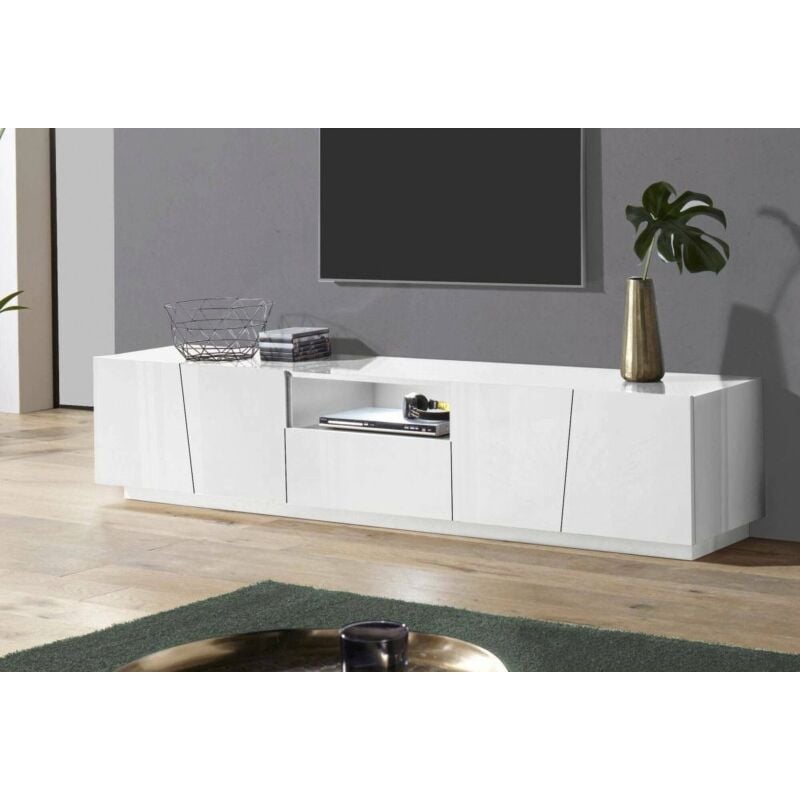 

Dmora Mueble de salón para TV Dmora, Made in Italy, mueble para TV con 4 puertas y 1 cajón, 220x43h46 cm, color blanco brillante