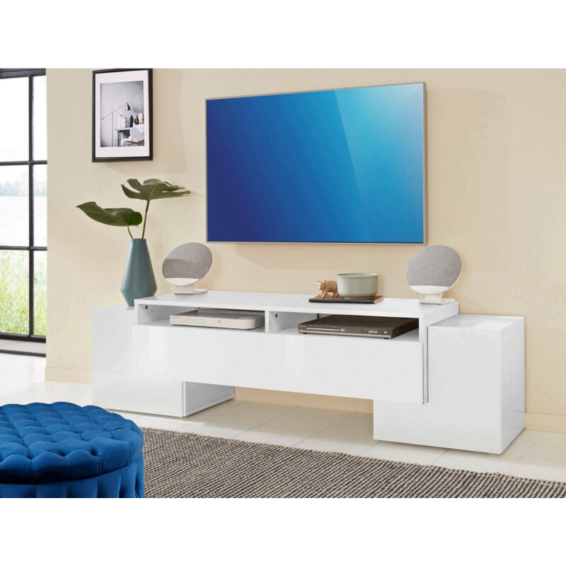 

Mueble de salón para TV Made in Italy, Mueble para TV para salón con 3 puertas y estantes, 170x45h45 cm, color blanco brillante - Dmora