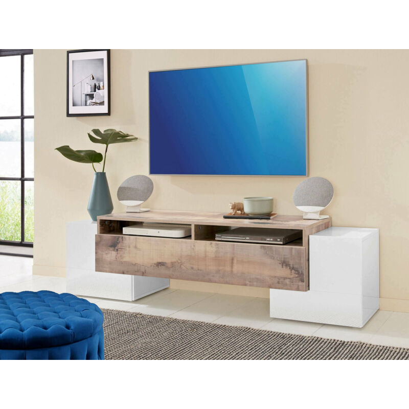 

Mueble de salón para TV Made in Italy, mueble para TV con 3 puertas y estantes, 170x45h45 cm, color blanco brillante y arce - Dmora