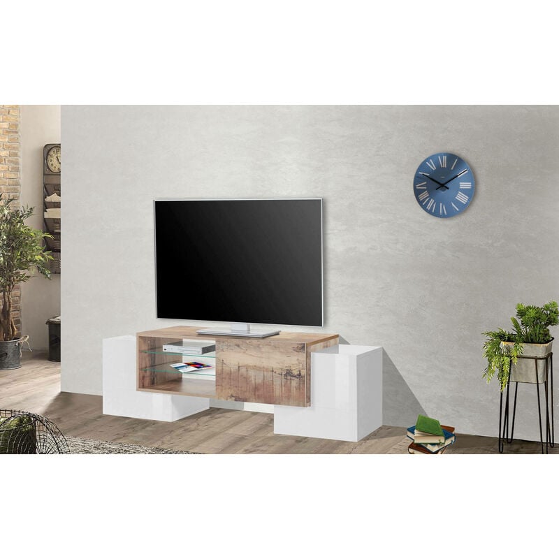 

Mueble de salón para TV Made in Italy, Mueble para TV para salón con 3 puertas y estantes, cm 150x45h45, con luz LED, blanco brillante y color arce