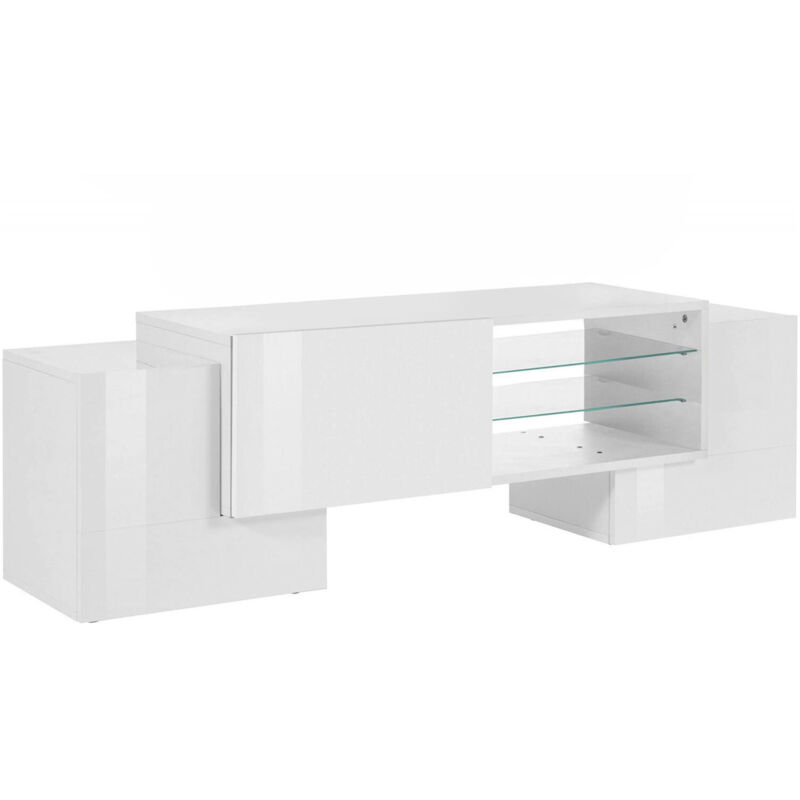 

Mueble de salón para TV Made in Italy, Mueble para TV para salón con 3 puertas y estantes, cm 150x45h45, con luz LED, color blanco brillante - Dmora