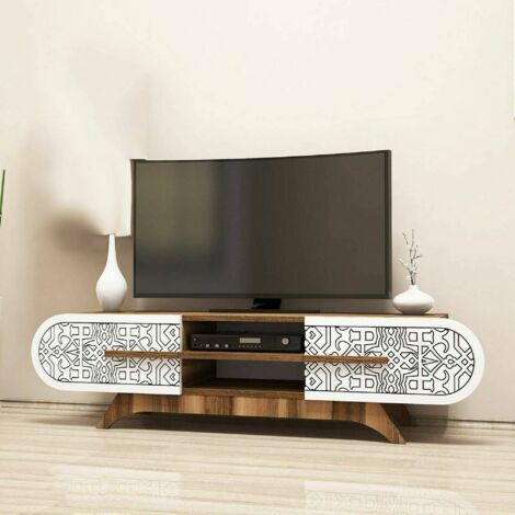 Dmora - Mueble de televisión Alud, Aparador de salón, Mueble bajo para TV, Base de pared equipada, 145x37h37 cm, Nogal y Blanco, con embalaje reforzado