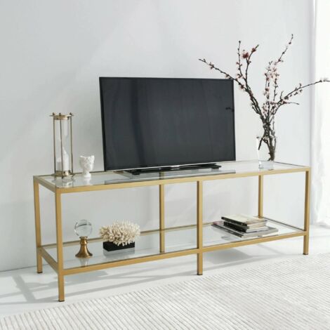 Dmora - Mueble de televisión Dklaasse, Aparador de salón, Mueble bajo para TV, Base de pared equipada, 130x40h45 cm, Oro
