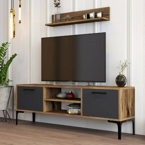 Dmora - Mueble de televisión Dpiston, Aparador de salón, Mueble bajo para TV, Base de pared equipada, 140x30h48 cm, Nogal y Antracita