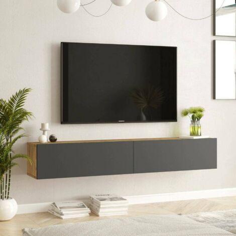 Dmora - Mueble de televisión Thebe, Aparador de salón, Mueble bajo para TV, Base de pared equipada, 180x32h30 cm, Roble y Antracita, con embalaje reforzado