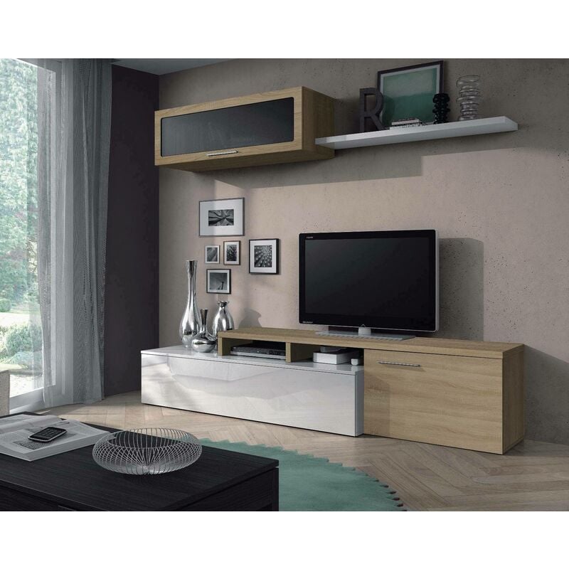 

Mueble para TV Dmora Living, juego de salón reversible (se puede colocar en un rincón), con mueble alto y balda, cm 200x41h44, color Roble y Blanco