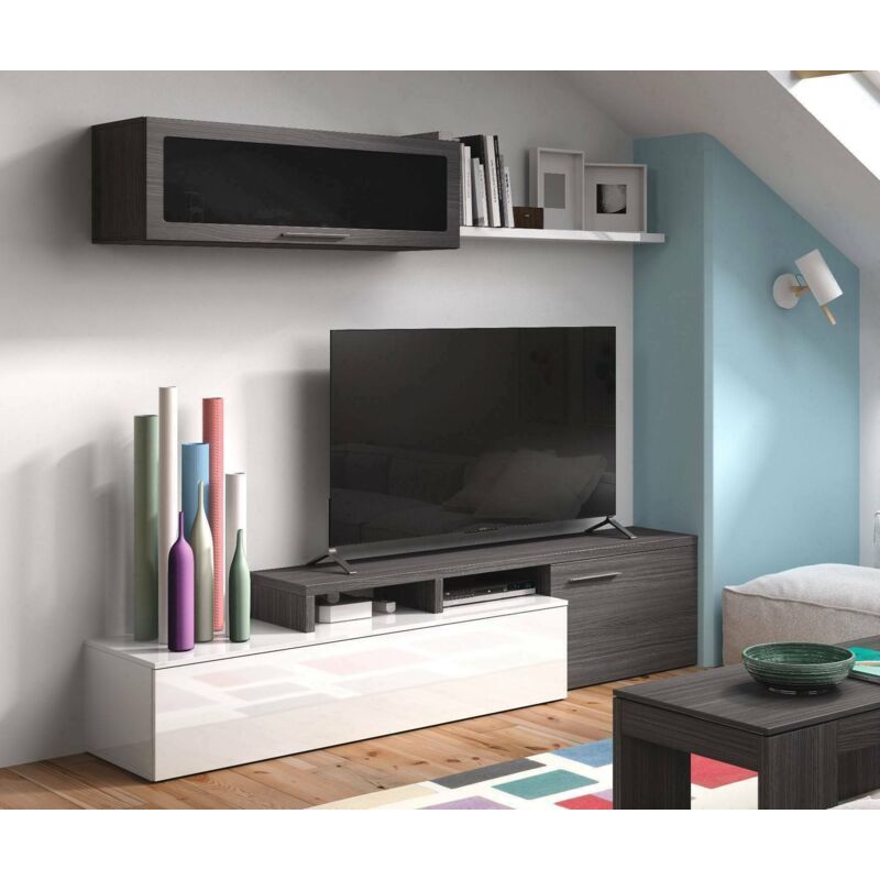 

Mueble para TV de salón juego de salón reversible (se puede colocar en un rincón), con mueble alto y balda, cm 200x41h44, color antracita y blanco