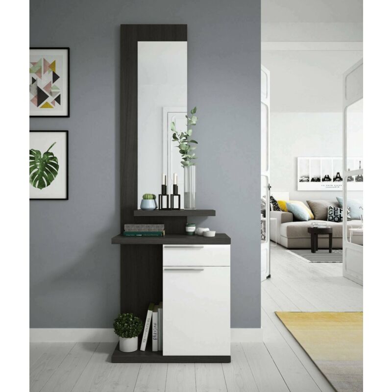 

Mueble de entrada con espejo, puerta y cajón, gris ceniza y blanco brillante, 284 x 61 x 29 cm - Dmora