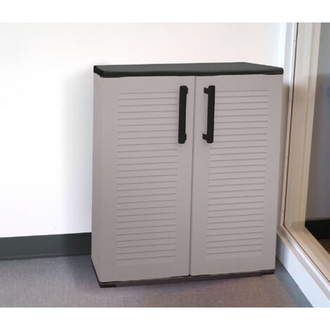 Dmora Mueble multiusos para uso exterior o interior, armario bajo con 2 puertas y 3 estantes de polipropileno, 100% Made in Italy, 68x37h84 cm, color gris, con embalaje reforzado