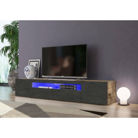 Dmora Mueble para TV para sala de estar, Made in Italy, Mueble para TV con 3 puertas y estantes, cm 200x40h37, color arce y pizarra, con luz LED azul, con embalaje reforzado