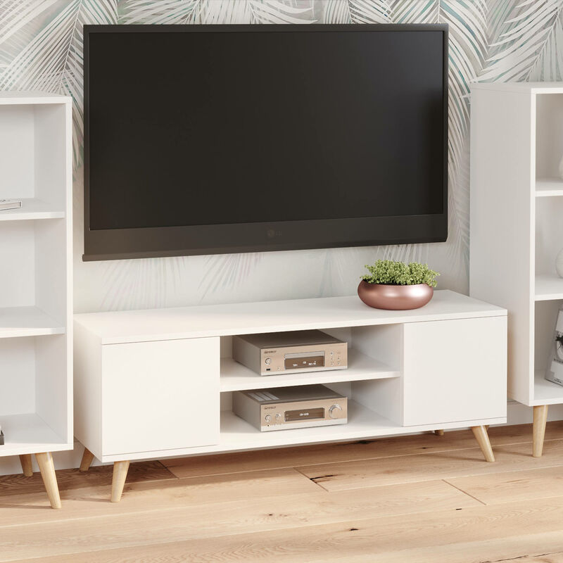 

Mueble TV con 2 puertas y 1 estante central, Aparador con pies, Buffet de salón estilo escandinavo, 155x40h50 cm, Color blanco - Dmora