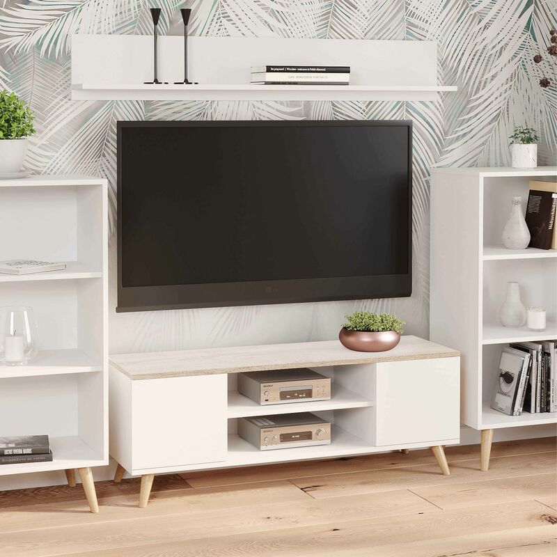 

Mueble TV con 2 puertas y 1 estante central, Aparador con pies, Buffet de salón estilo escandinavo, 155x40h49 cm, Color blanco y tapa color Roble